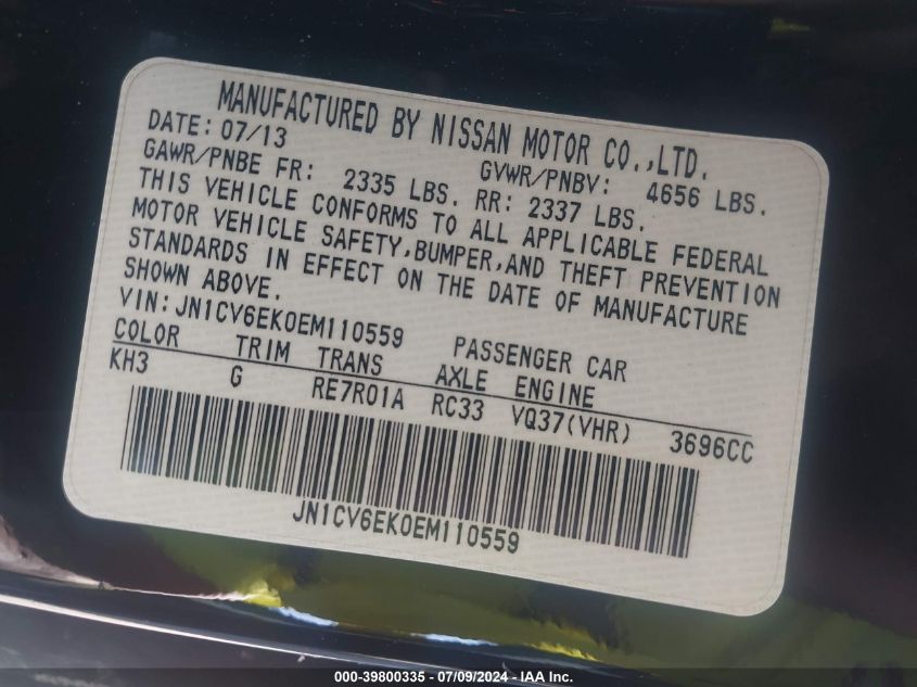 2014 Infiniti Q60 Journey/Ipl VIN: JN1CV6EK0EM110559 Lot: 39800335