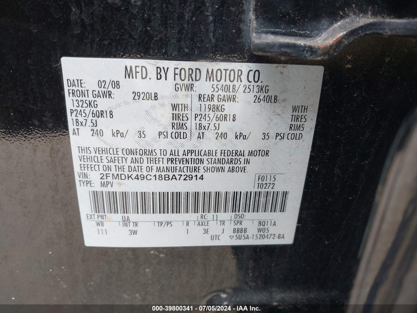 2008 Ford Edge Limited VIN: 2FMDK49C18BA72914 Lot: 39800341