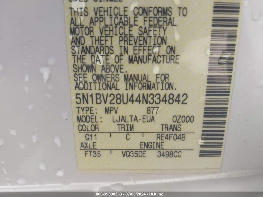 2004 Nissan Quest 3.5 Sl VIN: 5N1BV28U44N334842 Lot: 39800363