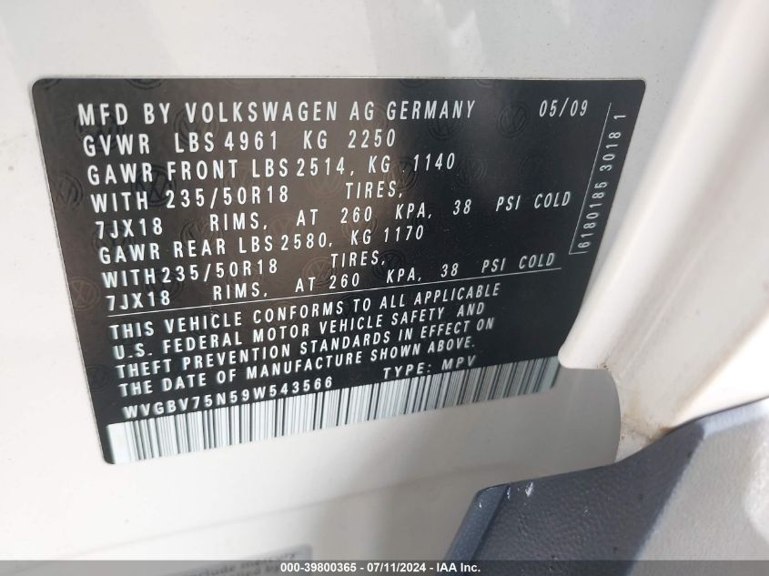 2009 Volkswagen Tiguan Sel VIN: WVGBV75N59W543566 Lot: 39800365