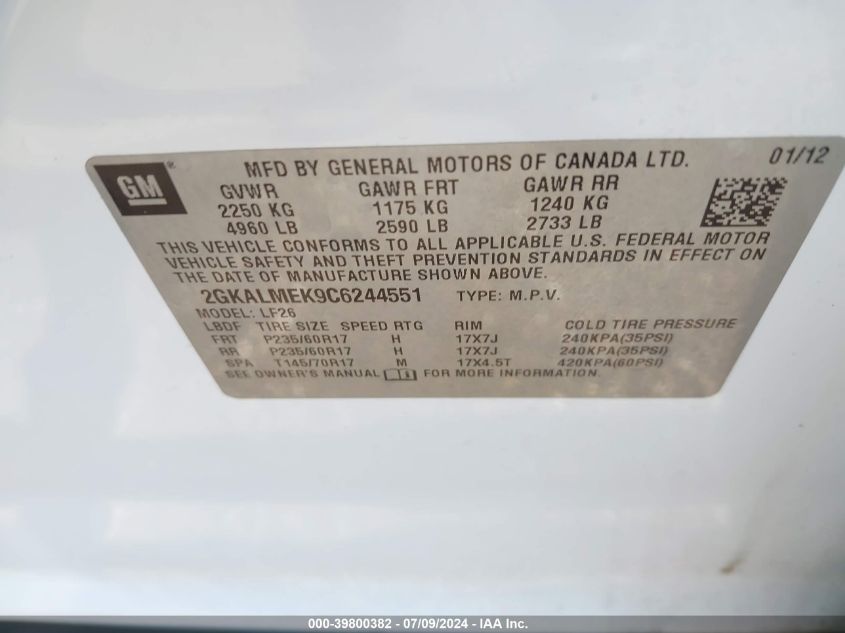 2012 GMC Terrain Sle-1 VIN: 2GKALMEK9C6244551 Lot: 39800382