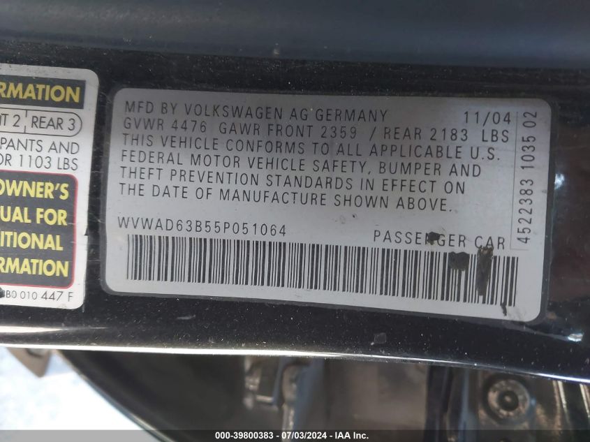 2005 Volkswagen Passat Gls/Gls 1.8T VIN: WVWAD63B55P051064 Lot: 39800383