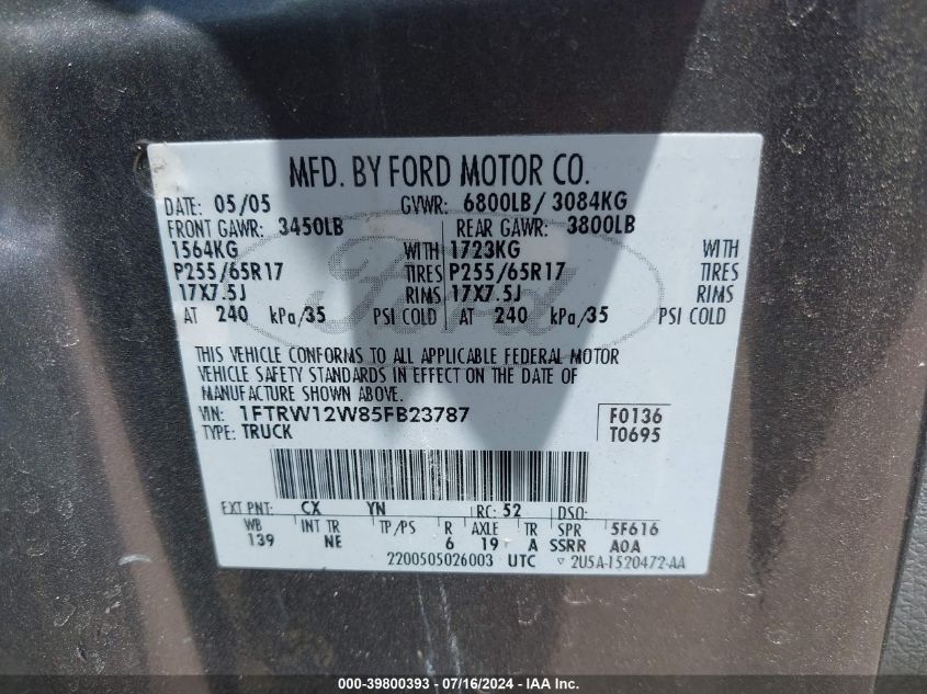 2005 Ford F-150 Xlt VIN: 1FTRW12W85FB23787 Lot: 39800393