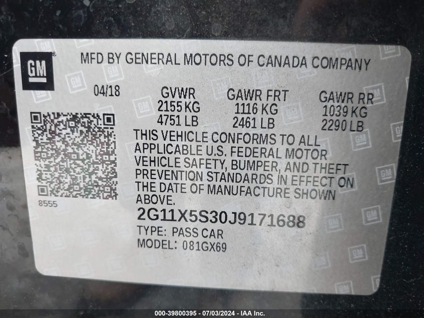 2018 CHEVROLET IMPALA 1FL - 2G11X5S30J9171688