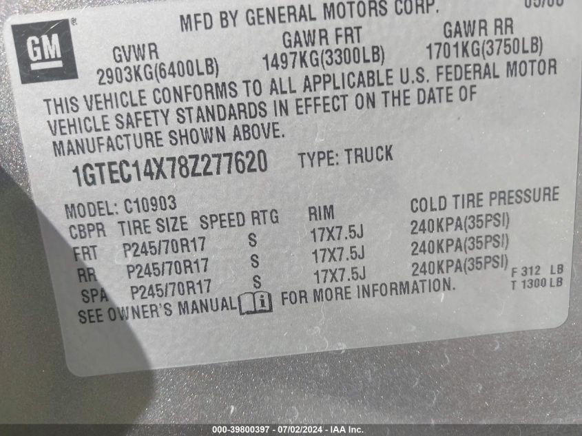 2008 GMC Sierra 1500 Work Truck VIN: 1GTEC14X78Z277620 Lot: 39800397