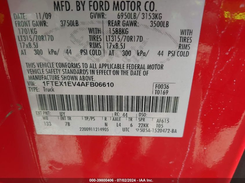 2010 Ford F-150 Svt Raptor VIN: 1FTEX1EV4AFB06610 Lot: 39800406