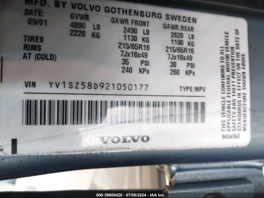 2002 Volvo V70 Xc VIN: YV1SZ58D921050177 Lot: 39800420