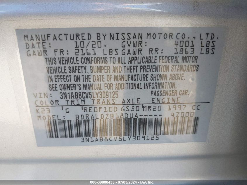 2020 Nissan Sentra Sv Xtronic Cvt VIN: 3N1AB8CV5LY309125 Lot: 39800433