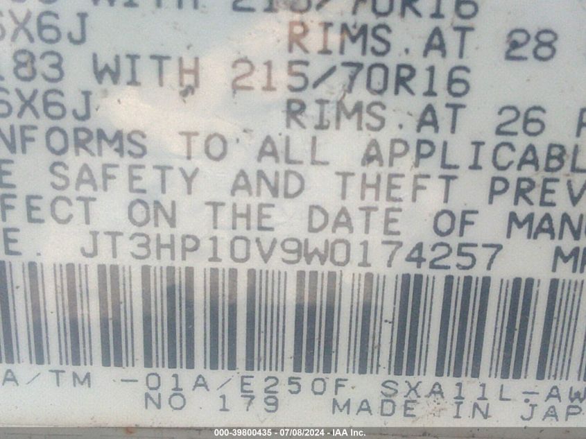 1998 Toyota Rav4 VIN: JT3HP10V9W0174257 Lot: 39800435