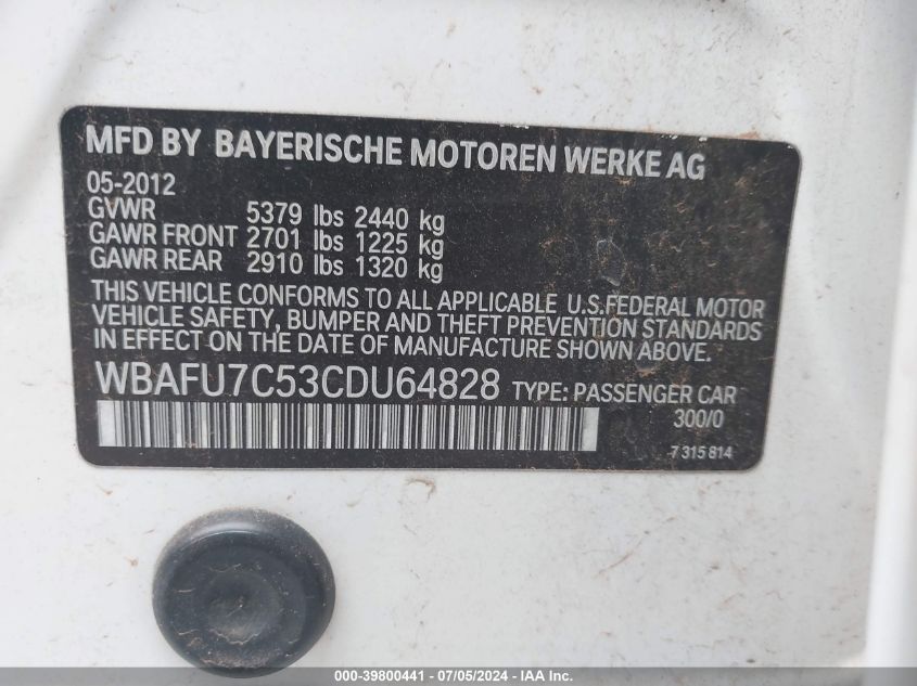 2012 BMW 535I xDrive VIN: WBAFU7C53CDU64828 Lot: 39800441