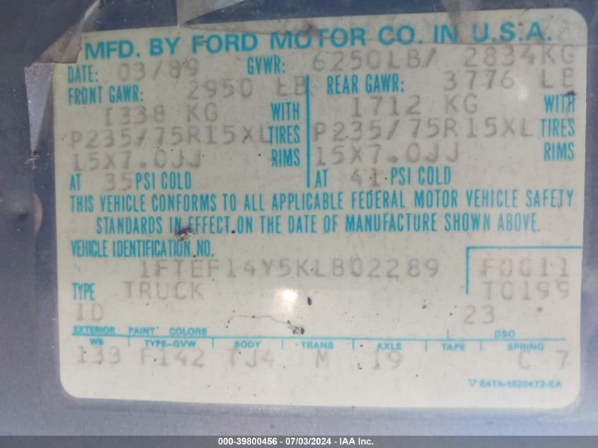1989 Ford F150 VIN: 1FTEF14Y5KLB02289 Lot: 39800456
