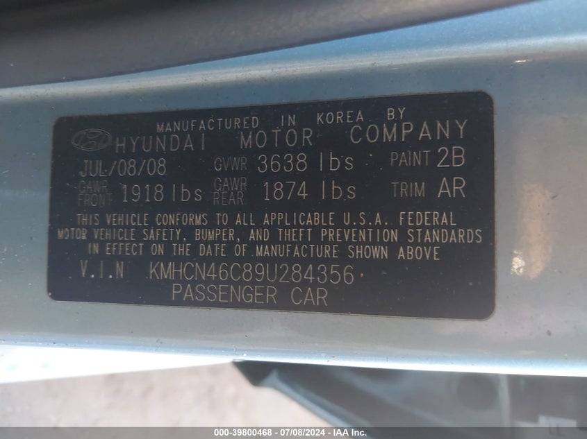 2009 Hyundai Accent Gls VIN: KMHCN46C89U284356 Lot: 39800468