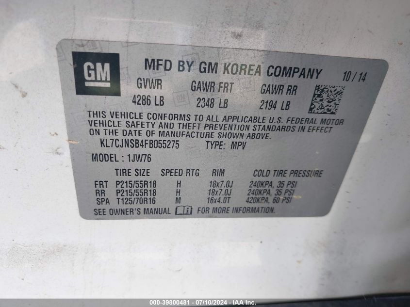 2015 Chevrolet Trax Ltz VIN: KL7CJNSB4FB055275 Lot: 39800481