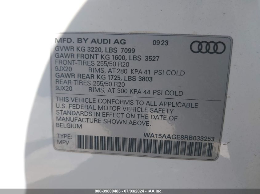 2024 Audi Q8 E-Tron Premium Plus Quattro VIN: WA15AAGE8RB033253 Lot: 39800485