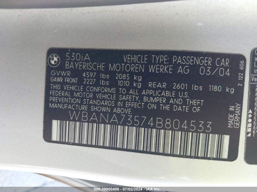 2004 BMW 530I VIN: WBANA73574B804533 Lot: 39800486