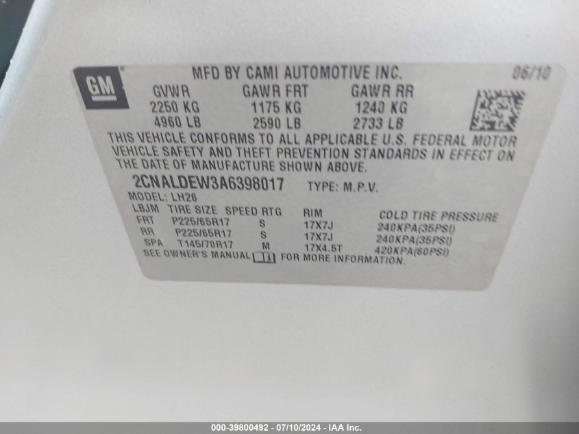 2010 Chevrolet Equinox Lt VIN: 2CNALDEW3A6398017 Lot: 39800492