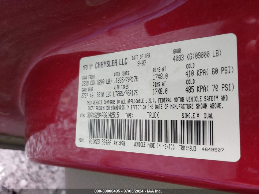 2008 Dodge Ram 2500 Sxt/Slt VIN: 3D7KS29A78G142515 Lot: 39800495