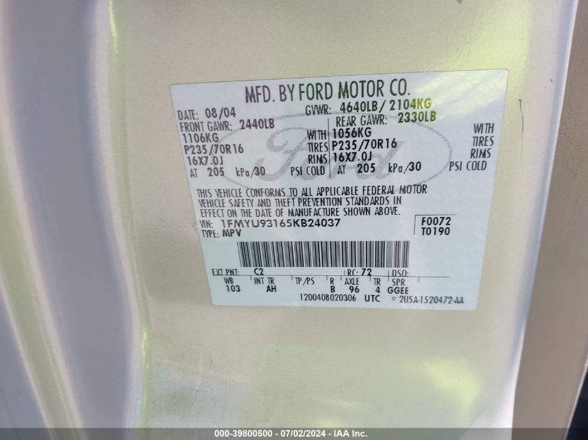 2005 Ford Escape Xlt VIN: 1FMYU93165KB24037 Lot: 39800500