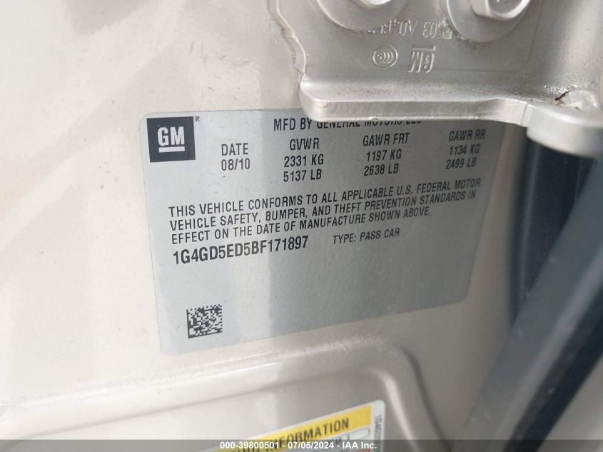 2011 Buick Lacrosse Cxl VIN: 1G4GD5ED5BF171897 Lot: 39800501