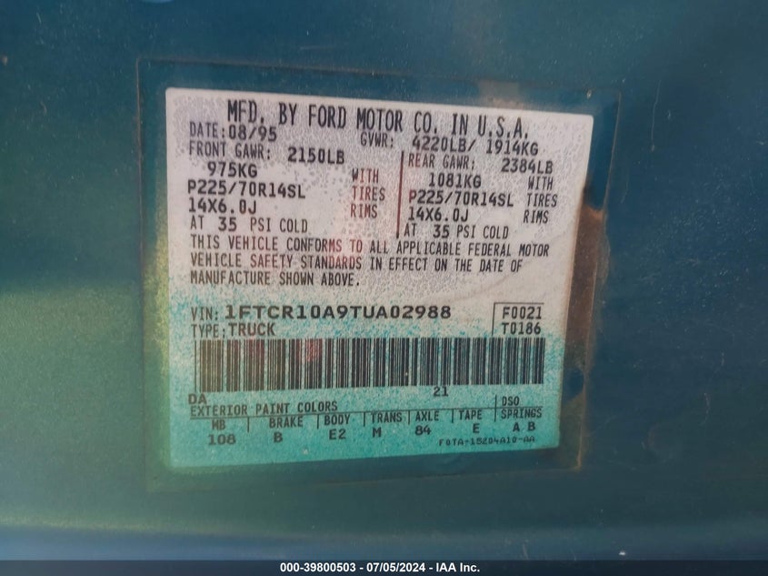 1996 Ford Ranger VIN: 1FTCR10A9TUA02988 Lot: 39800503