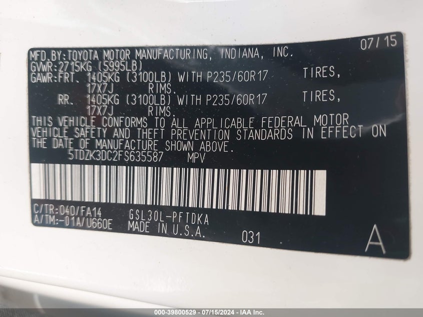 2015 Toyota Sienna L 7 Passenger VIN: 5TDZK3DC2FS635587 Lot: 39800529