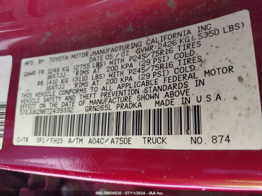 2007 Toyota Tacoma Prerunner V6 VIN: 5TEJU62N67Z439332 Lot: 39800530