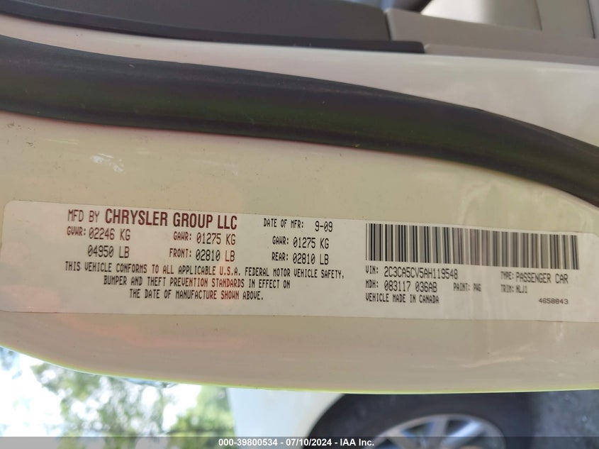 2010 Chrysler 300 Touring VIN: 2C3CA5CV5AH119548 Lot: 39800534