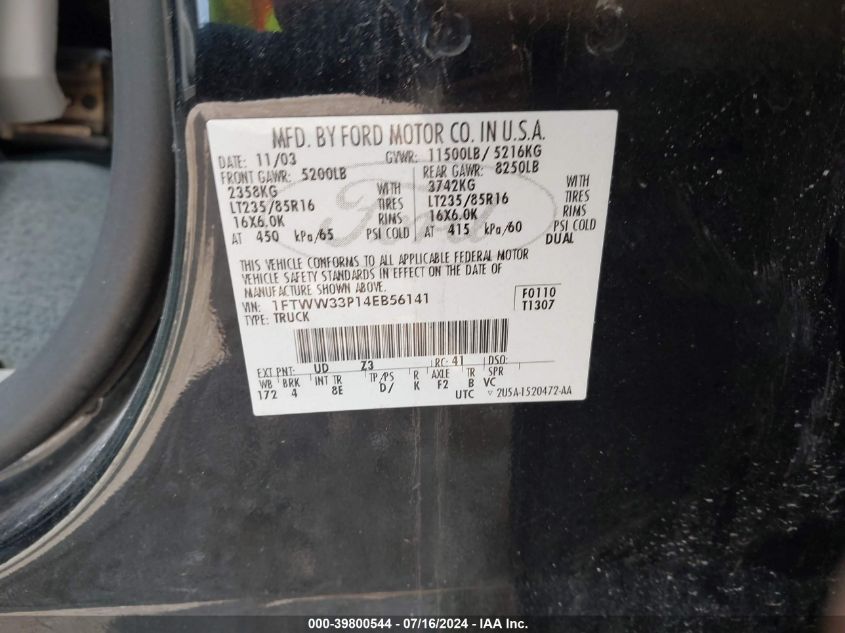 2004 Ford F-350 Lariat/Xl/Xlt VIN: 1FTWW33P14EB56141 Lot: 39800544