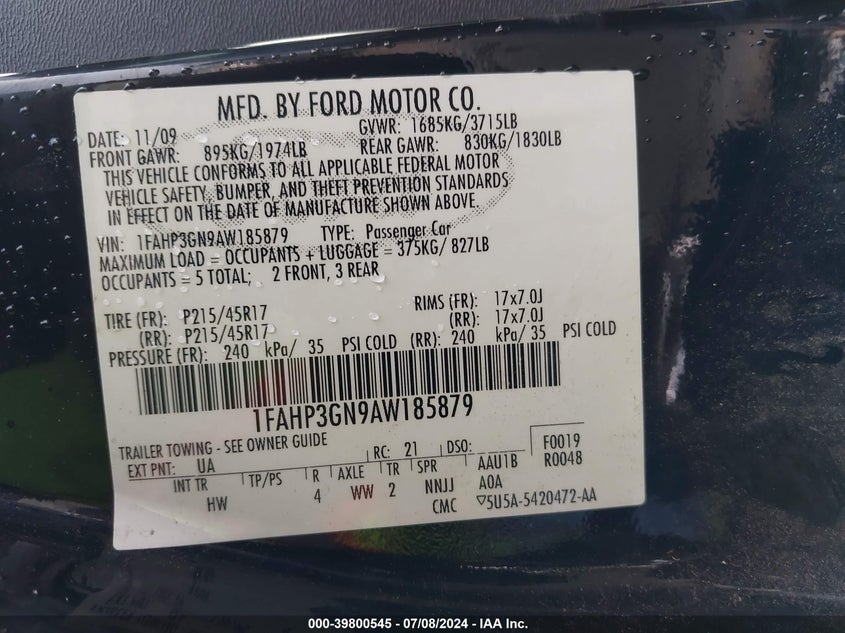 2010 Ford Focus Ses VIN: 1FAHP3GN9AW185879 Lot: 39800545