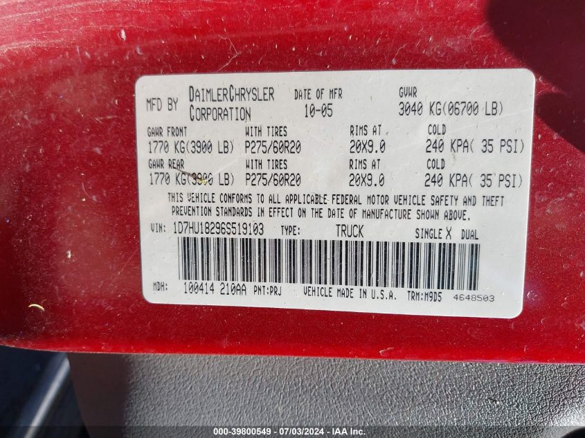 2006 Dodge Ram 1500 Slt/Trx4 Off Road/Sport VIN: 1D7HU18296S519103 Lot: 39800549