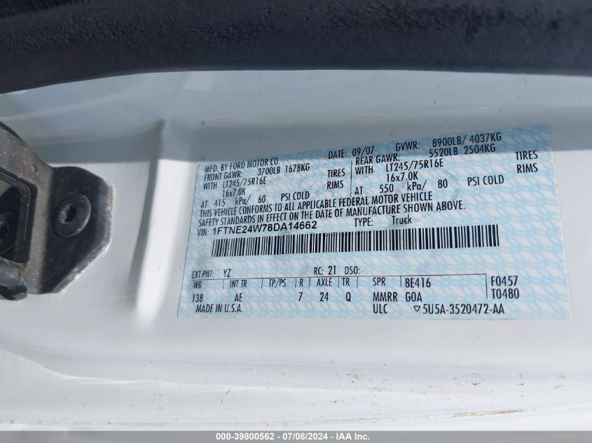 2008 Ford E-250 Commercial/Recreational VIN: 1FTNE24W78DA14662 Lot: 39800562