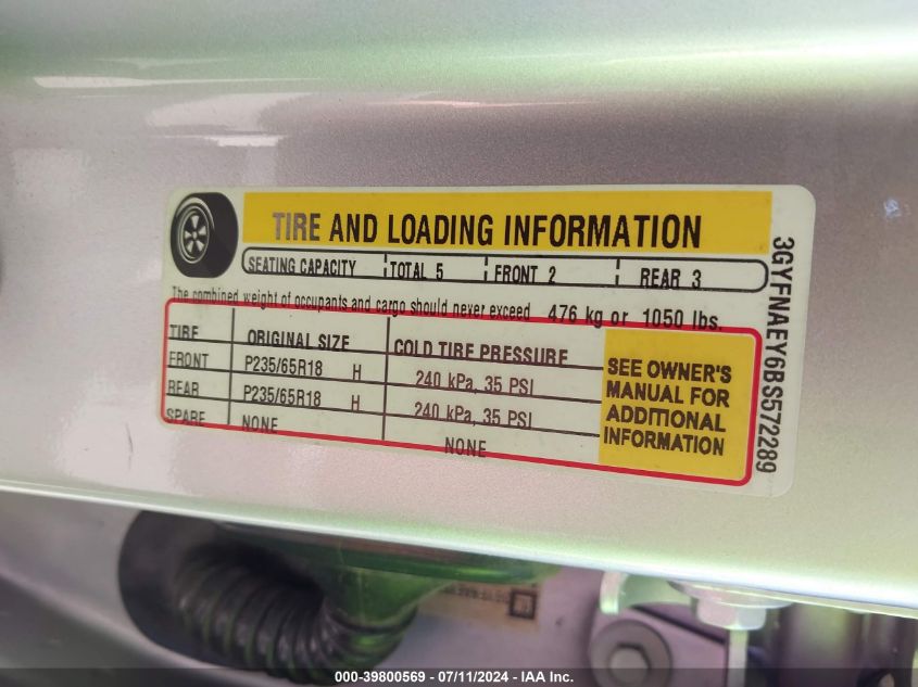 2011 Cadillac Srx Luxury Collection VIN: 3GYFNAEY6BS572289 Lot: 39800569