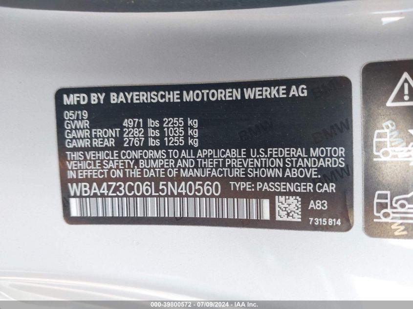 2020 BMW 430I xDrive VIN: WBA4Z3C06L5N40560 Lot: 39800572