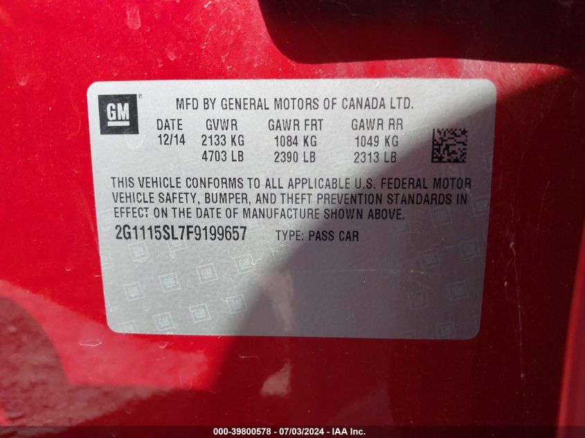 2015 Chevrolet Impala 1Lt VIN: 2G1115SL7F9199657 Lot: 39800578