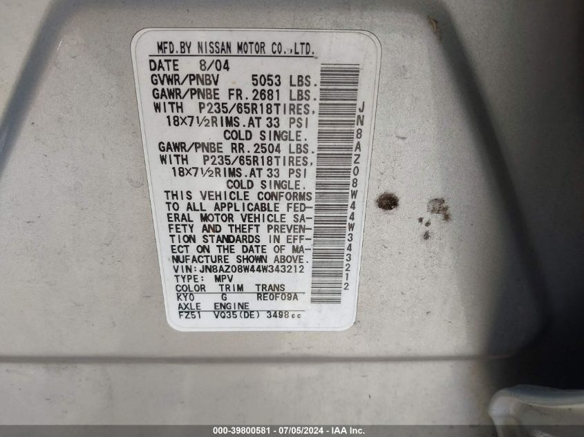 2004 Nissan Murano Sl VIN: JN8AZ08W44W343212 Lot: 39800581