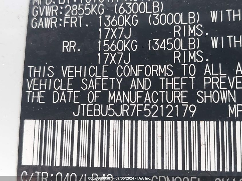 2015 Toyota 4Runner Sr5/Limited/Trail/Trd Pro VIN: JTEBU5JR7F521179 Lot: 39800587