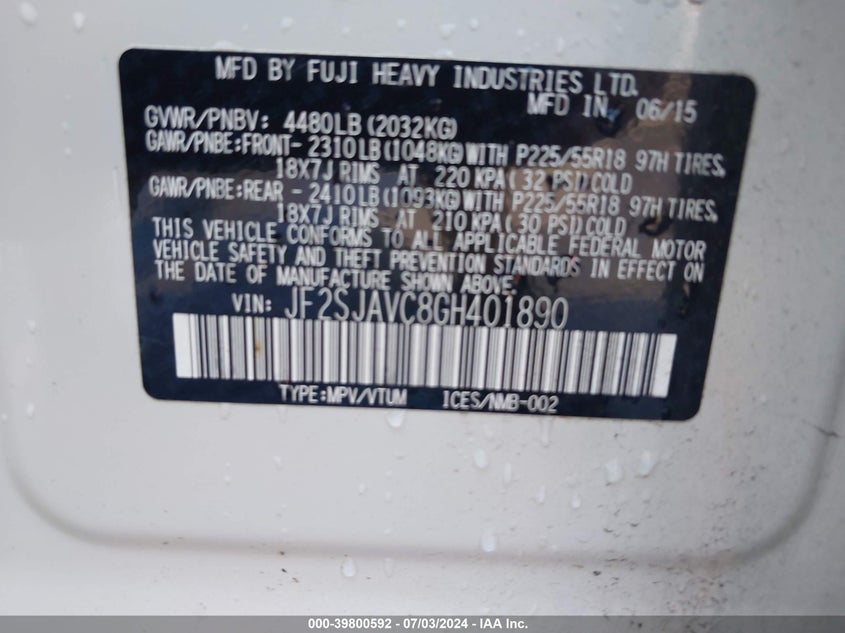 2016 Subaru Forester 2.5I Touring VIN: JF2SJAVC8GH401890 Lot: 39800592