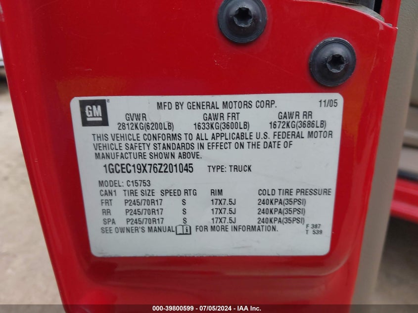 2006 Chevrolet Silverado 1500 Lt1 VIN: 1GCEC19X76Z201045 Lot: 39800599