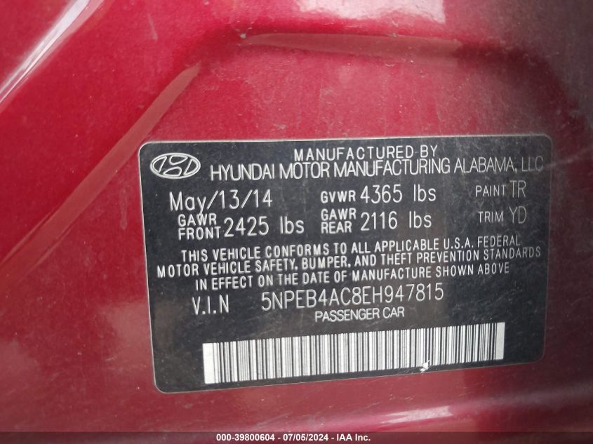 2014 Hyundai Sonata Gls VIN: 5NPEB4AC8EH947815 Lot: 39800604