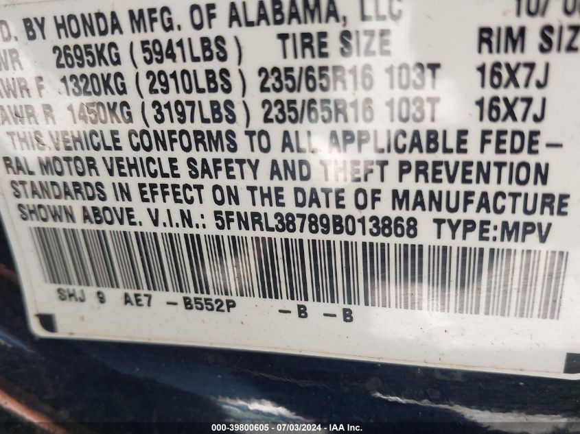 2009 Honda Odyssey Ex-L VIN: 5FNRL38789B013868 Lot: 39800605