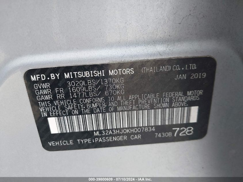 2019 Mitsubishi Mirage Rf VIN: ML32A3HJ0KH007834 Lot: 39800609