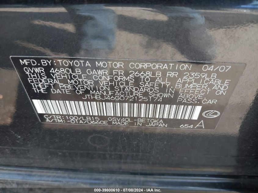 2007 Lexus Es 350 350 VIN: JTHBJ46G072125174 Lot: 39800610