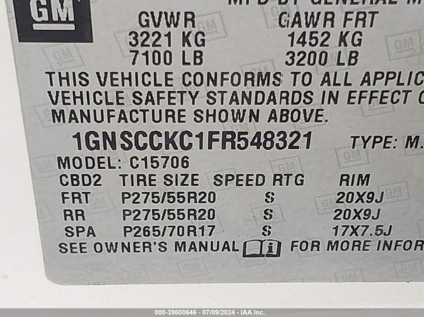 2015 Chevrolet Tahoe Ltz VIN: 1GNSCCKC1FR548321 Lot: 39800646