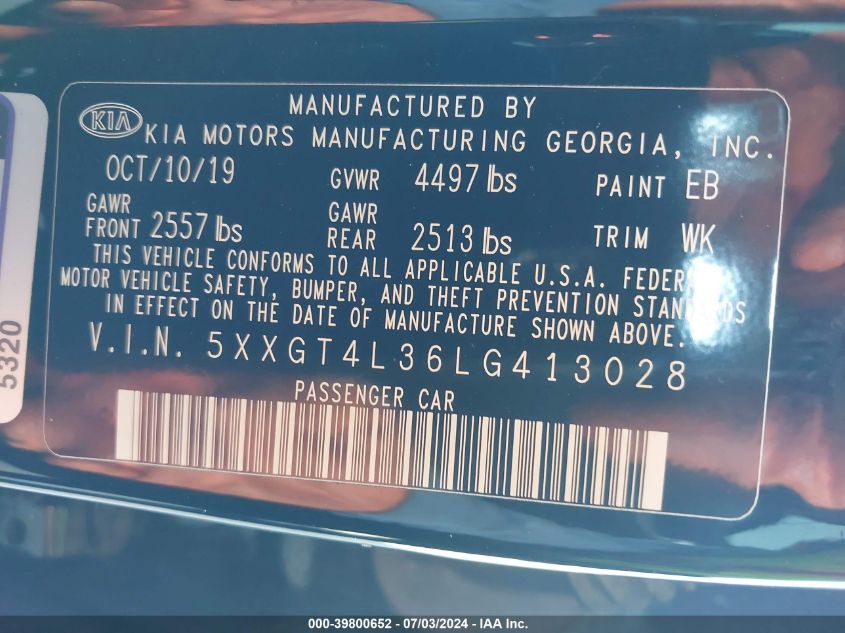 2020 Kia Optima S VIN: 5XXGT4L36LG413028 Lot: 39800652
