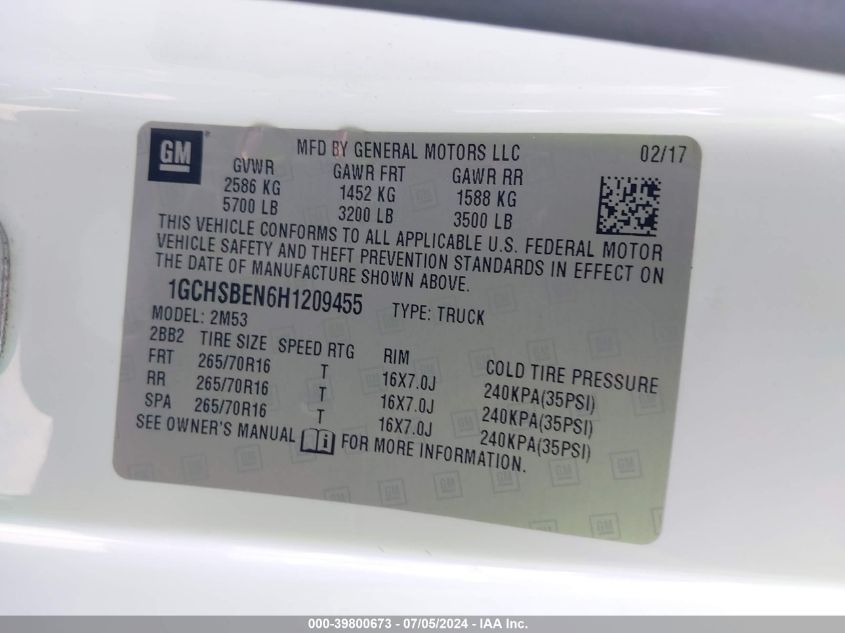 2017 Chevrolet Colorado Wt VIN: 1GCHSBEN6H1209455 Lot: 39800673
