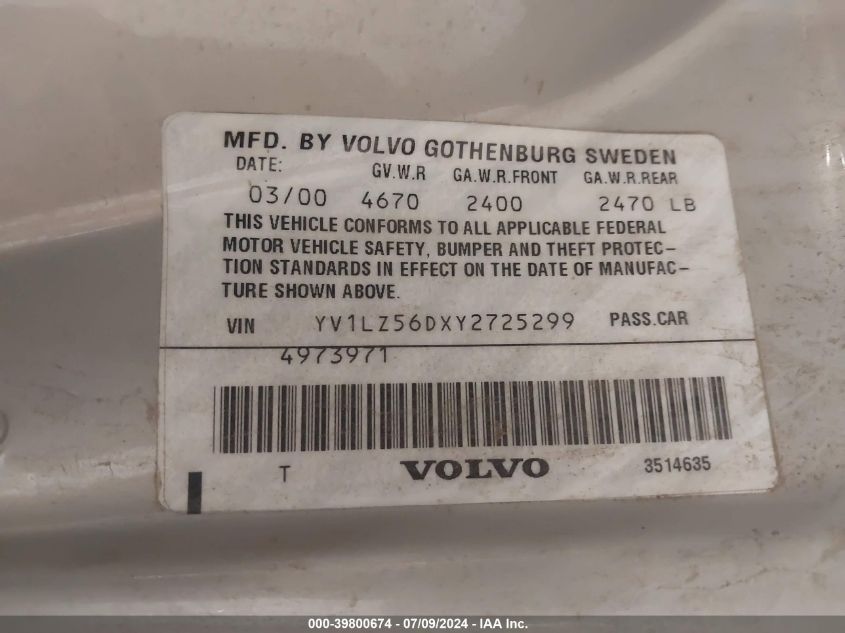 2000 Volvo V70 Xc/Se VIN: YV1LZ56DXY2725299 Lot: 39800674