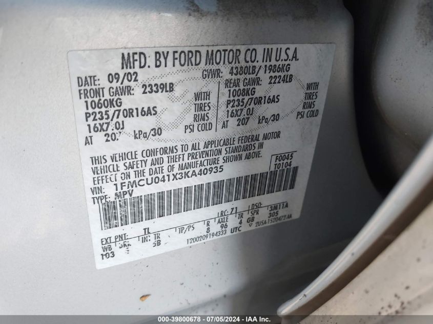 2003 Ford Escape Limited VIN: 1FMCU041X3KA40935 Lot: 39800678