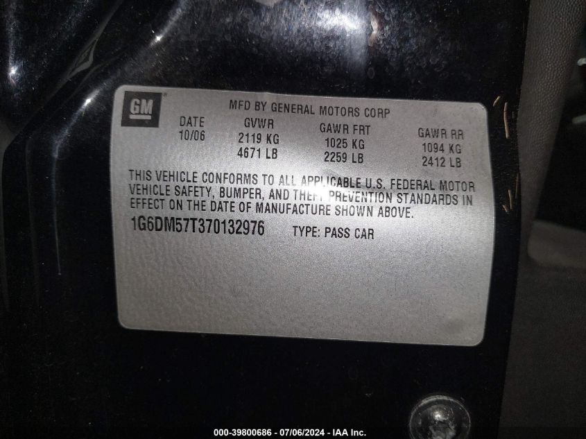 2007 Cadillac Cts Standard VIN: 1G6DM57T370132976 Lot: 39800686