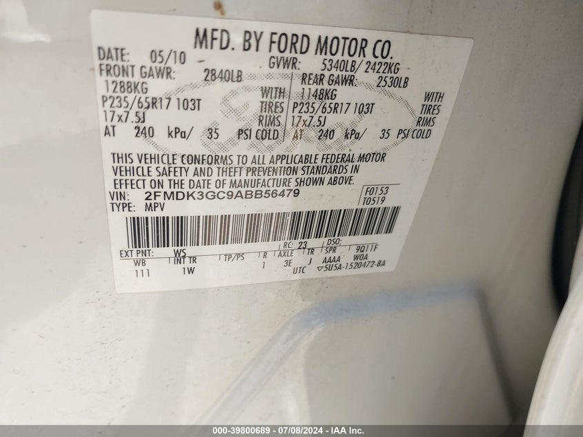 2010 Ford Edge Se VIN: 2FMDK3GC9ABB56479 Lot: 39800689