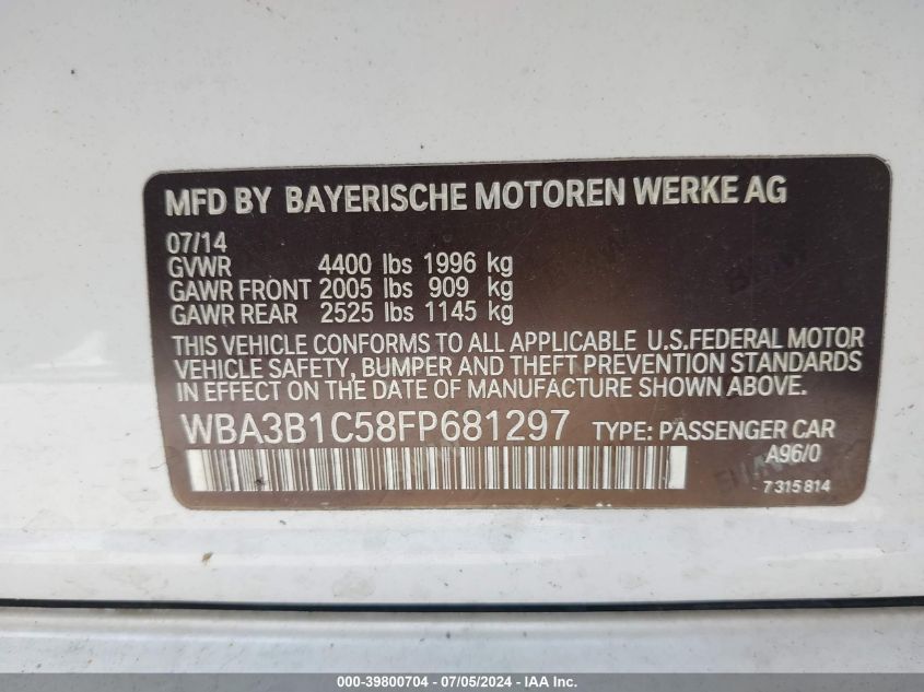 2015 BMW 320I VIN: WBA3B1C58FP681297 Lot: 39800704